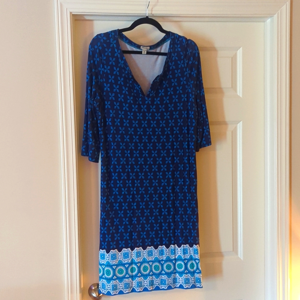 Women's size XL Hatley 3/4 sleeve midi dress . Navy & Aqua Mediterranean theme